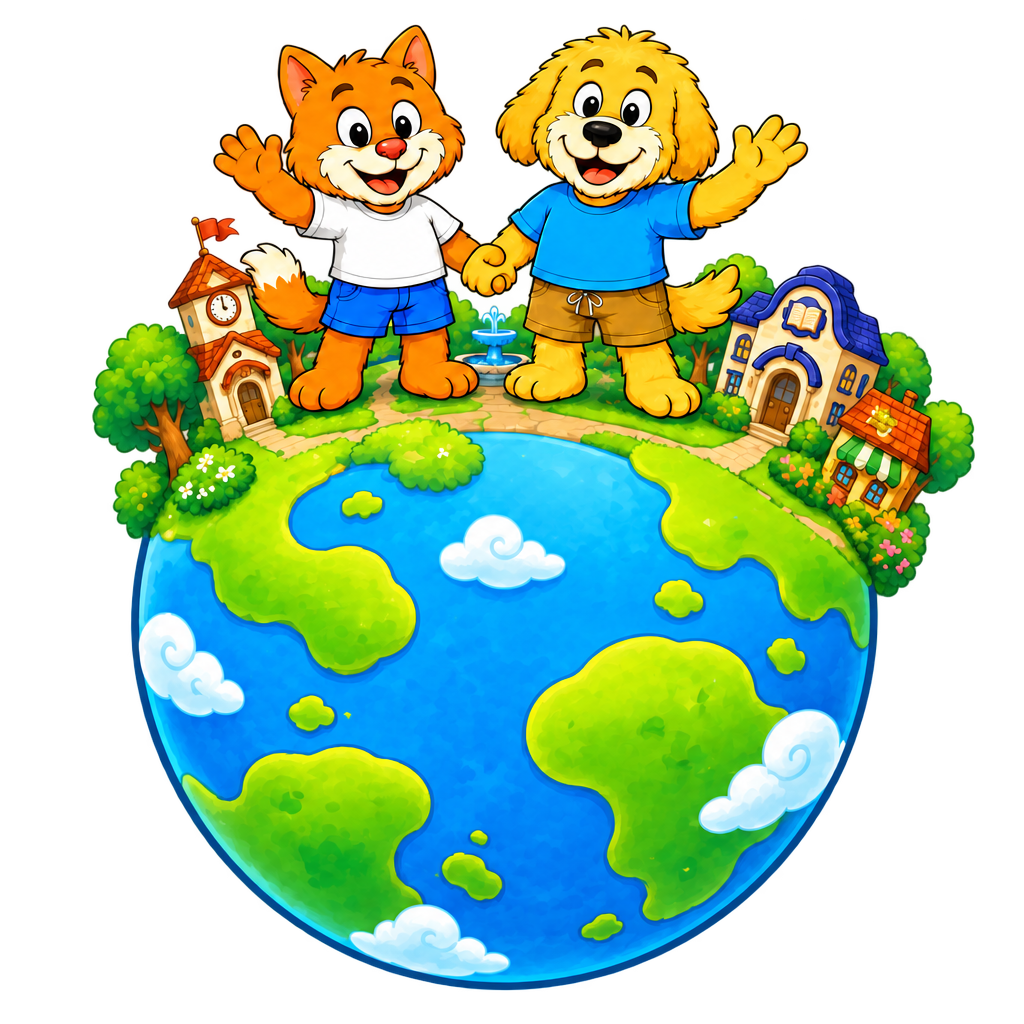 Fuzzi and Gram standing on the Fuzziland globe